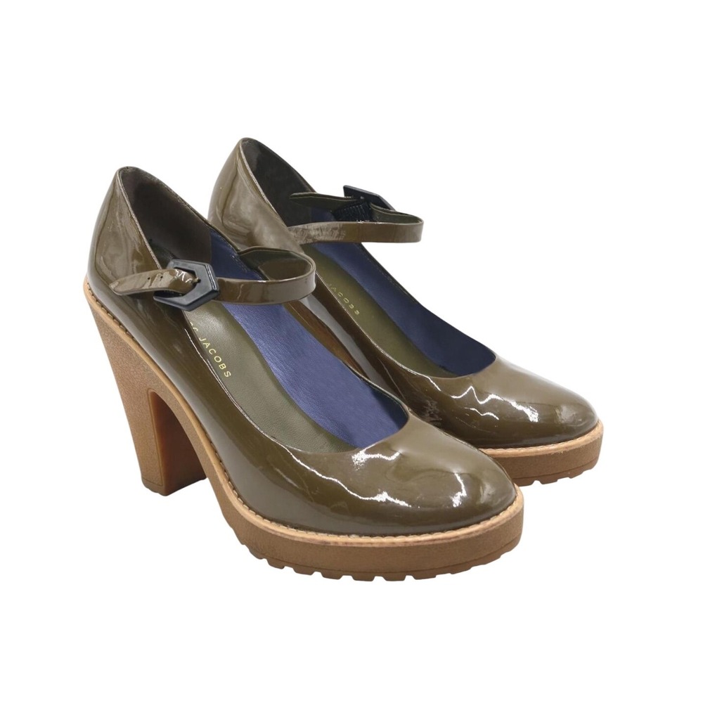 Marc Jacobs Olive Green Patent Leather Platform Mary Jane Block Heels Size 37.5